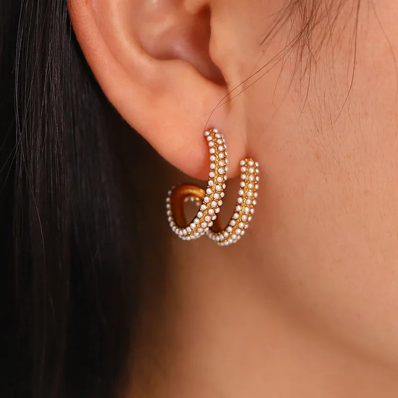 Classic C Shaped Pearl Layered Earrings - 18K Gold Plated - PEACHY ACCESSORIES