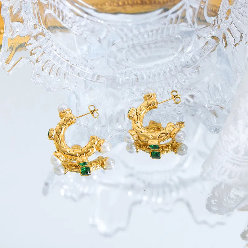 Emerald Pearl Hoop Earrings 18K Gold Plated