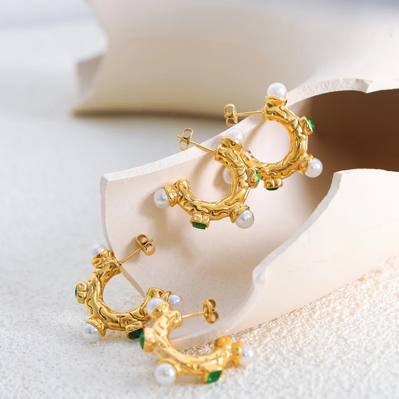 Emerald Pearl Hoop Earrings 18K Gold Plated