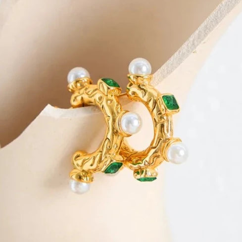Emerald Pearl Hoop Earrings 18K Gold Plated