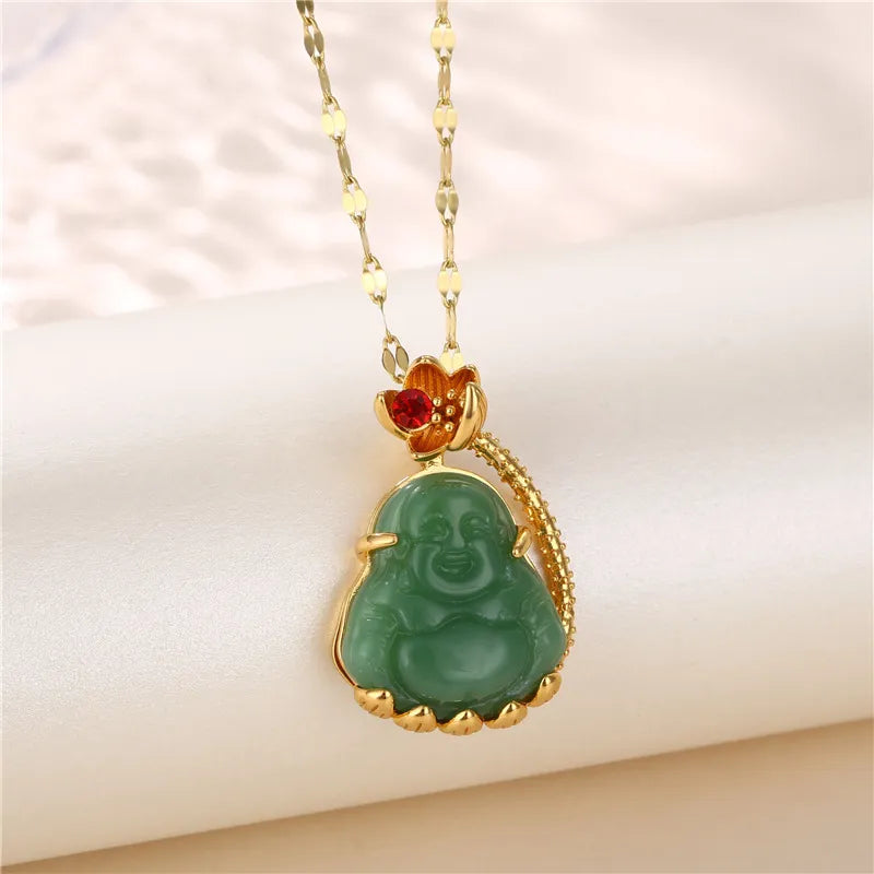 Buddha Jade Zircon 18K Gold Plated Pendant Necklace - PEACHY ACCESSORIES