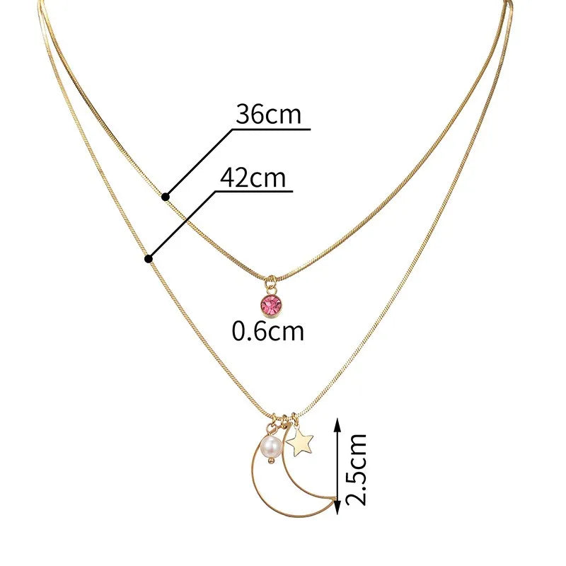 Star Moon Stainless Steel Zircon 18K Gold Plated Necklace - PEACHY ACCESSORIES