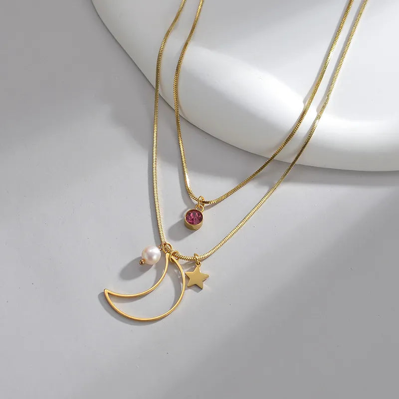 Star Moon Stainless Steel Zircon 18K Gold Plated Necklace - PEACHY ACCESSORIES