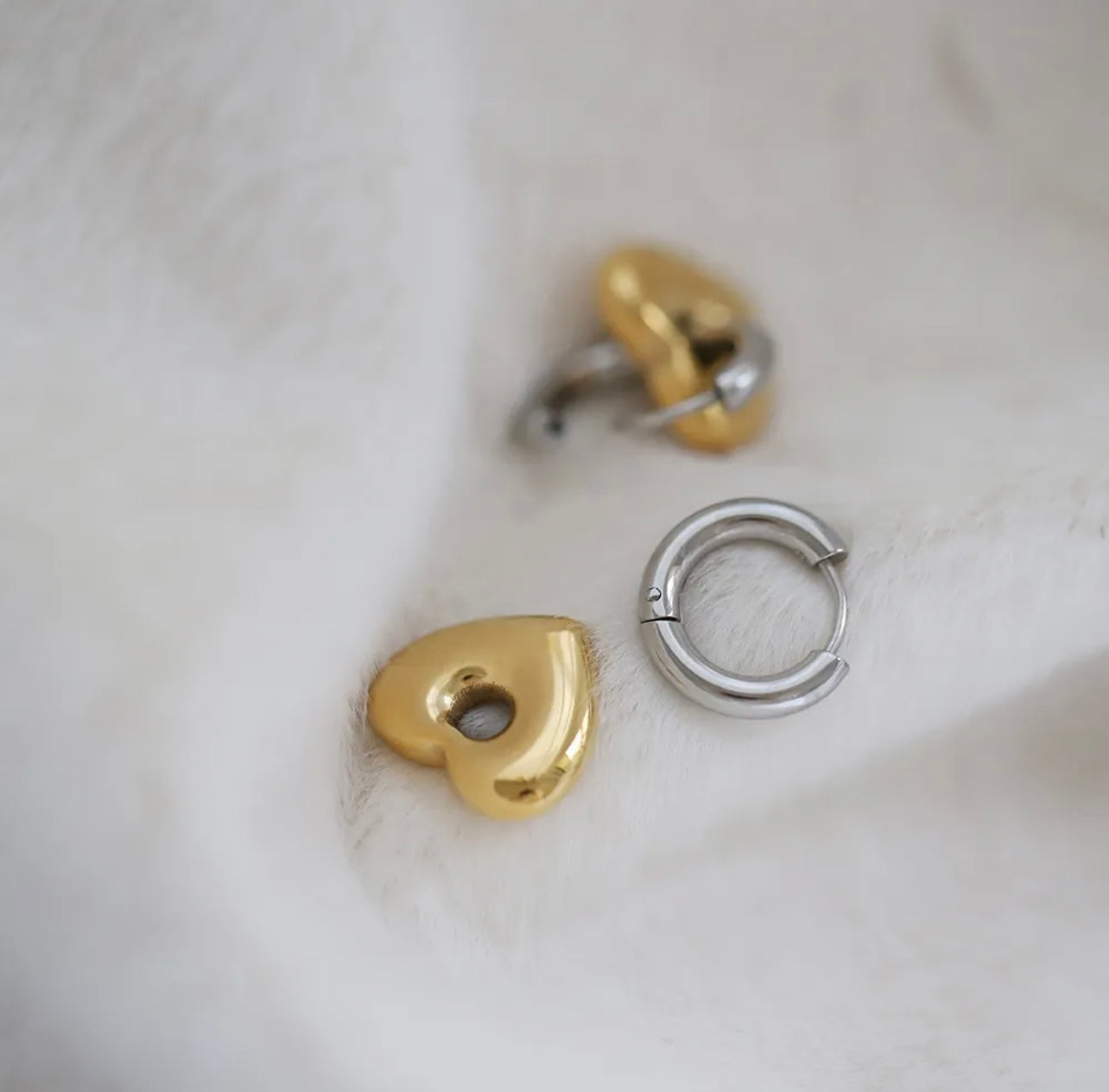 Two Tone Heart Huggie Hoop Earrings 18K Gold Plated