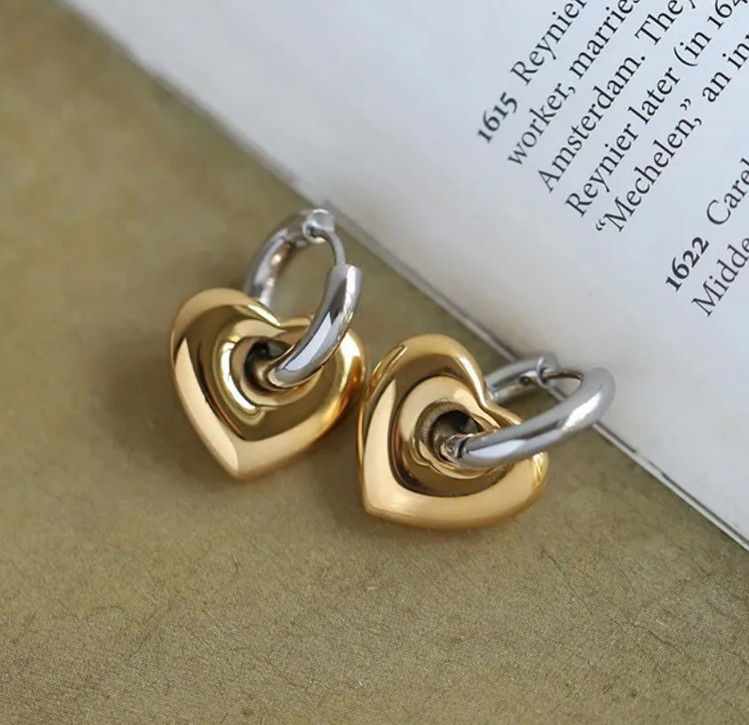 Two Tone Heart Huggie Hoop Earrings 18K Gold Plated