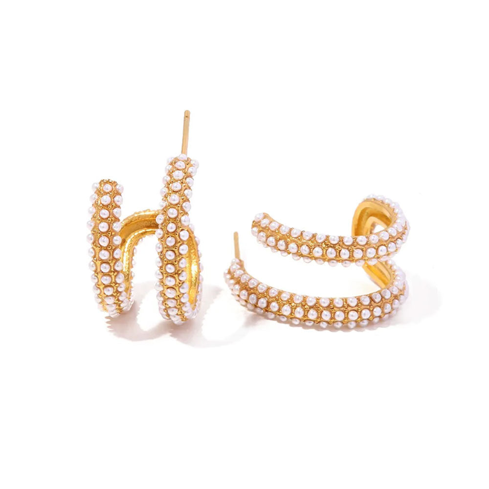 Classic C Shaped Pearl Layered Earrings - 18K Gold Plated - PEACHY ACCESSORIES