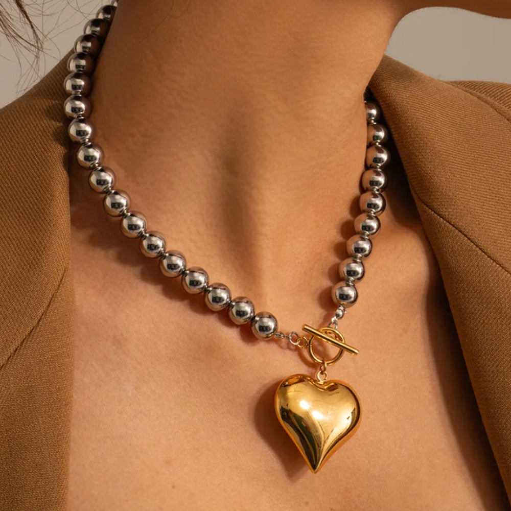 Two Tone Chunky Heart Necklace 18K Gold Plated