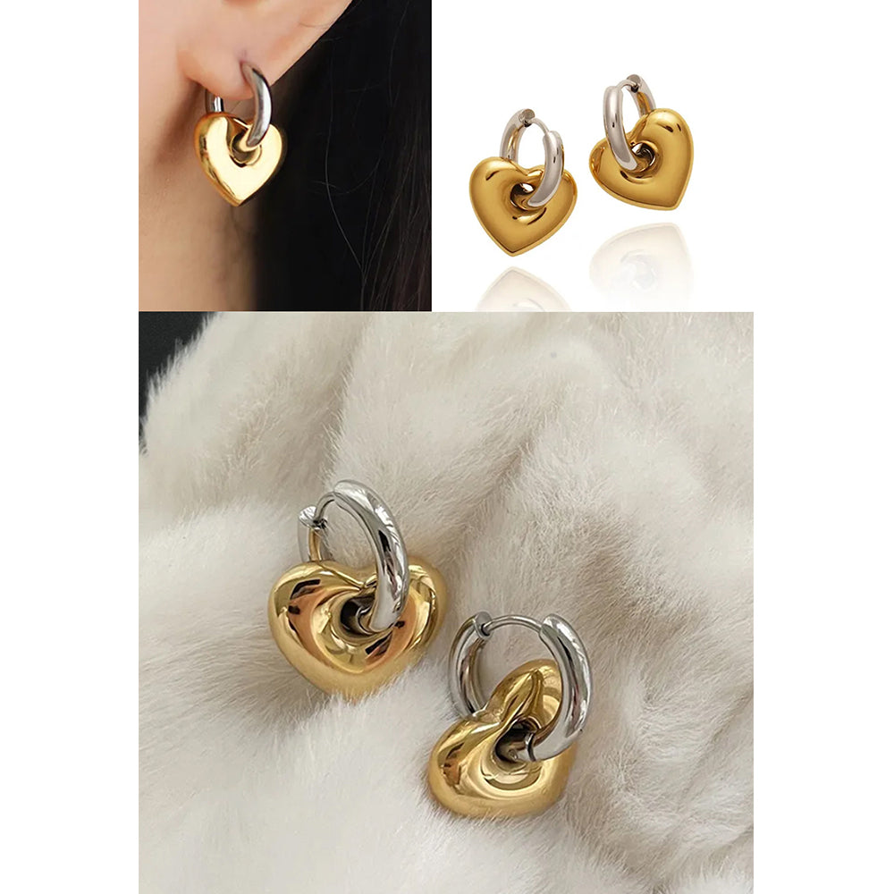 Two Tone Heart Huggie Hoop Earrings 18K Gold Plated