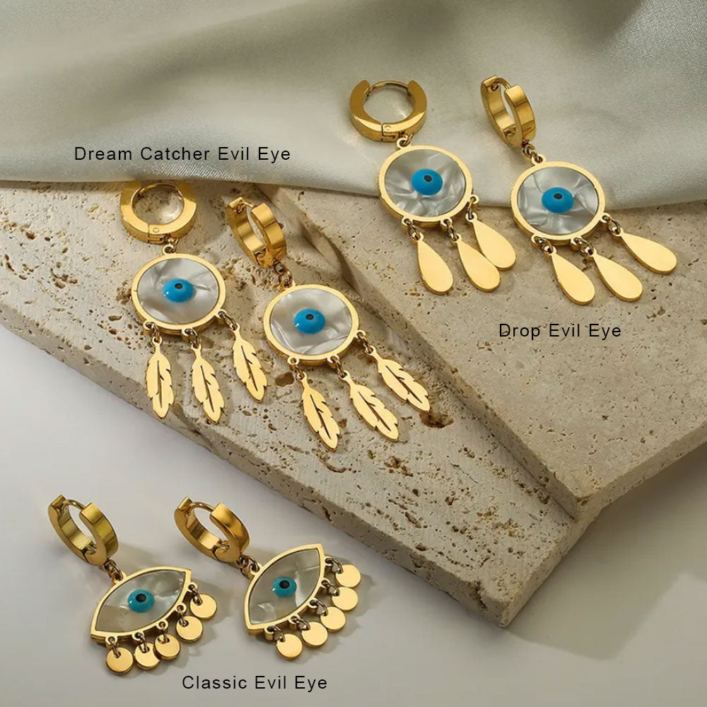 Classic Evil Eye Dangler Hoop Earrings 18K Gold Plated
