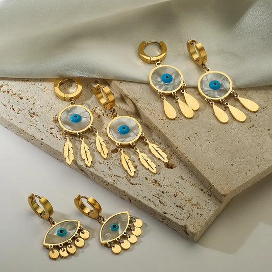 Classic Evil Eye Dangler Hoop Earrings 18K Gold Plated