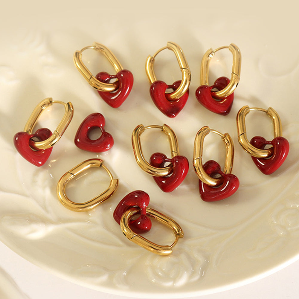 Cute Red Heart Huggie Hoop Earrings 18K Gold Plated