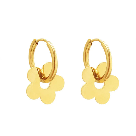 Dangling Flower Huggie Hoops - 18K Gold Plated Earrings - PEACHY ACCESSORIES