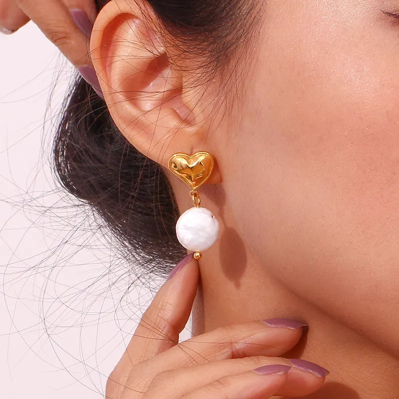 Heart Pearl Drop Earrings 18K Gold Plated