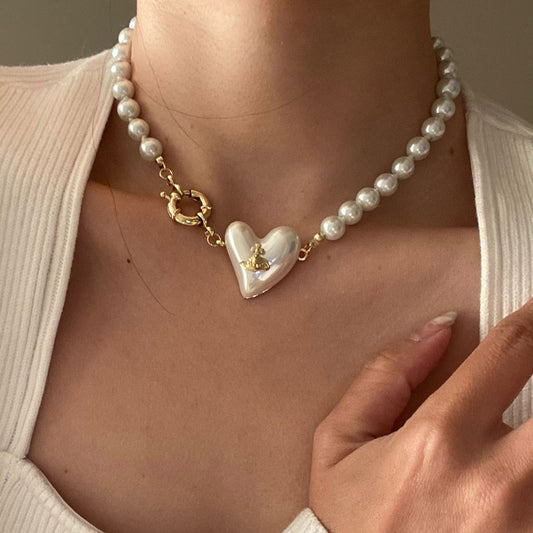 Elegant Planet Pearl Heart Necklace Pendent - 18K Gold Plated
