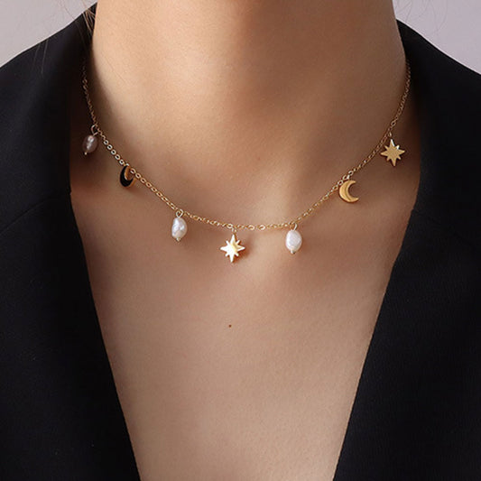 Star Moon Freshwater Pearl Tassel 18K Gold Plated Necklace