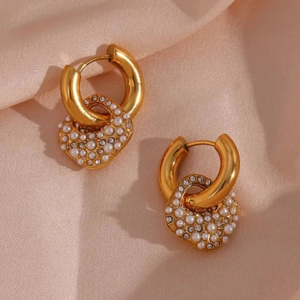 Classic Pearl Drop Hoop Earrings 18K Gold Plated