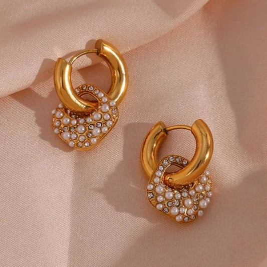 Classic Pearl Drop Hoop Earrings 18K Gold Plated