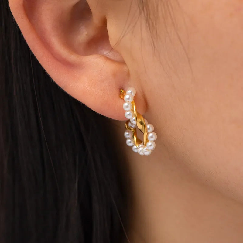 Classic Twisted Pearl Hoop Earrings 18K Gold Plated