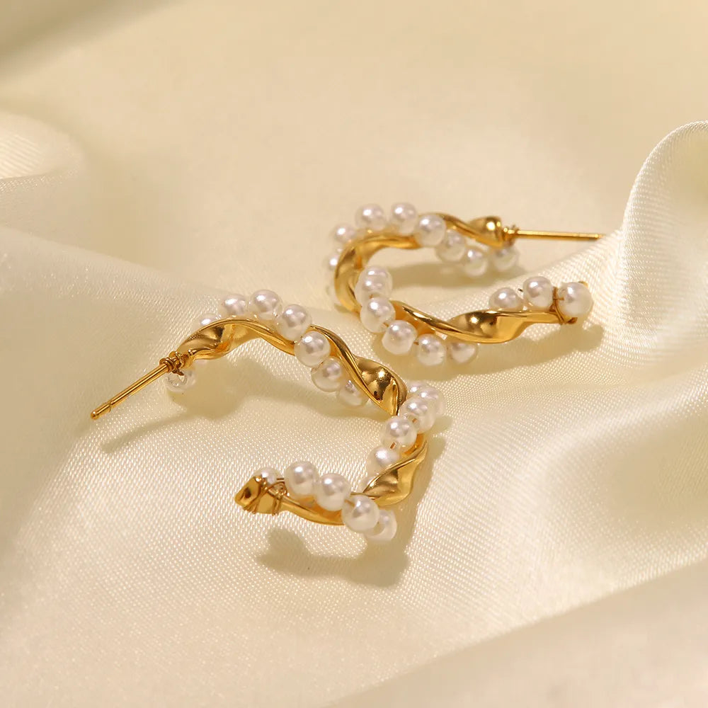 Classic Twisted Pearl Hoop Earrings 18K Gold Plated