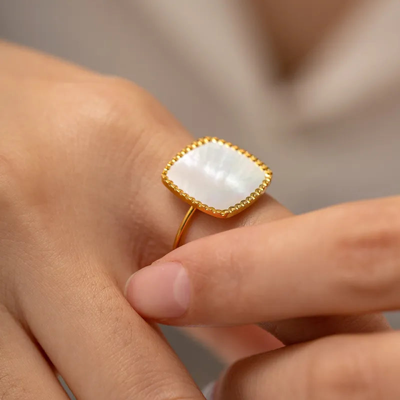 Classic Square Mother of Pearl Adjustable Ring - 18K Gold Plated