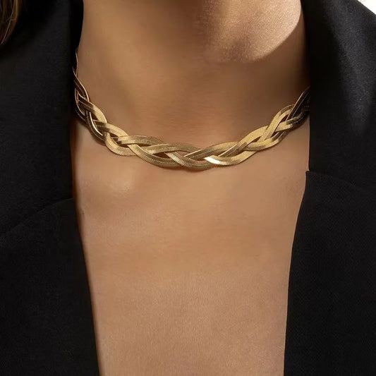 Gold Snake Herringbone Twisted Chain Necklace - 18K Gold Plated - PEACHY ACCESSORIES