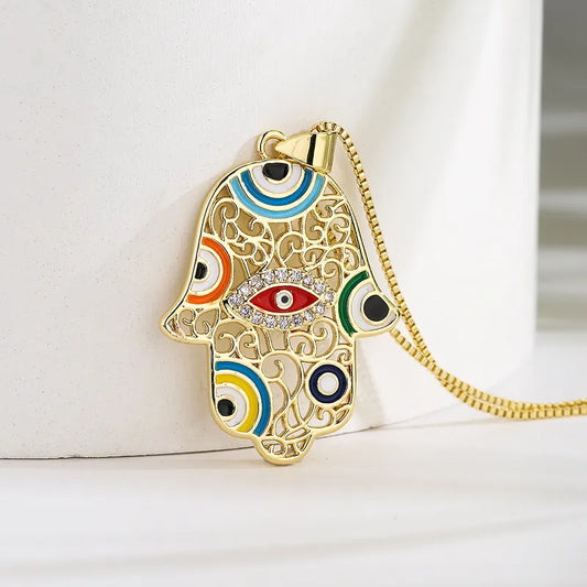 Hamsa Evil Eye Zircon 18K Gold Plated Pendant Necklace - PEACHY ACCESSORIES