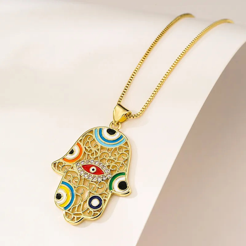 Hamsa Evil Eye Zircon 18K Gold Plated Pendant Necklace - PEACHY ACCESSORIES