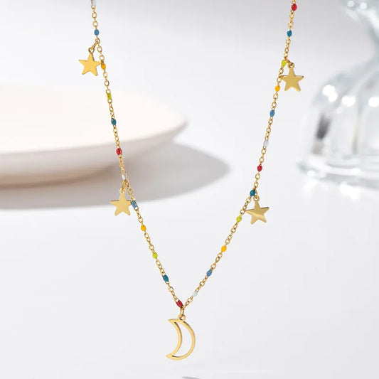 Star Moon Stainless Steel 14K Gold Plated Pendant Necklace - PEACHY ACCESSORIES