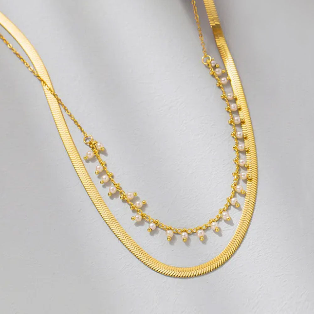 Snake Pearl Chain Layered Necklace - 18K Gold Plated