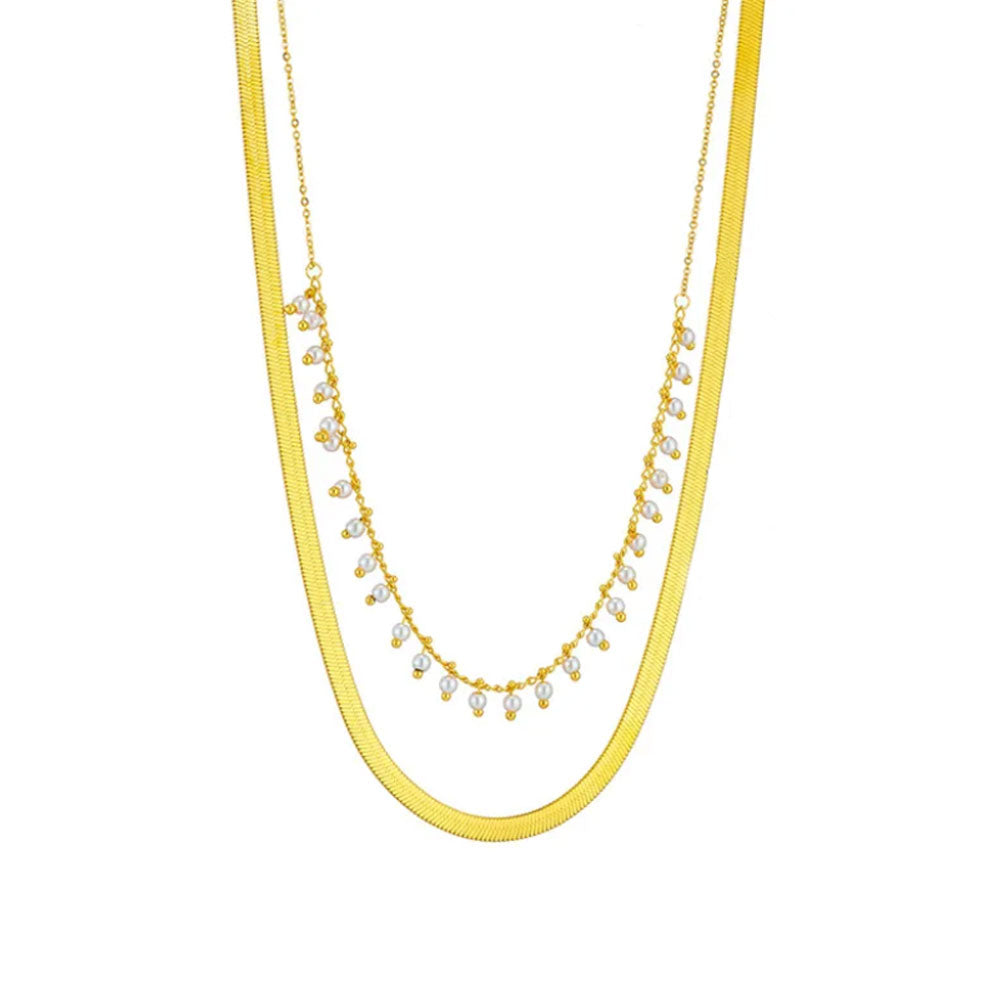 Snake Pearl Chain Layered Necklace - 18K Gold Plated