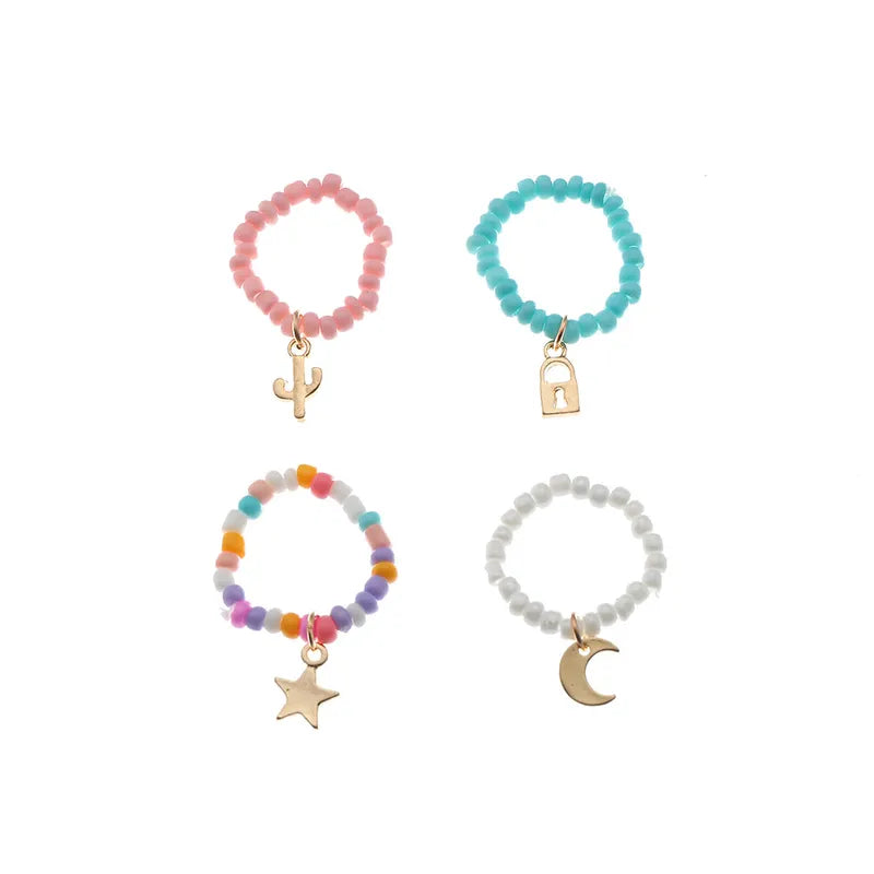 Multicolored Beaded Adjustable Ring Set - Star, Moon, Lock and Cactus - PEACHY ACCESSORIES