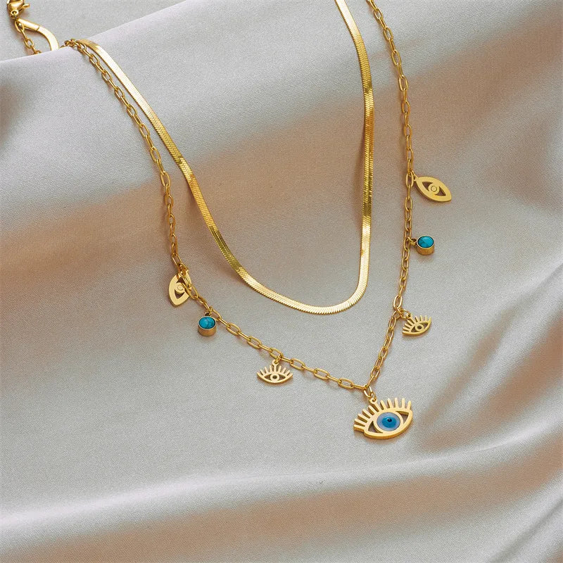 Evil Eye Layered Snake Chain Necklace - 18K Gold Plated