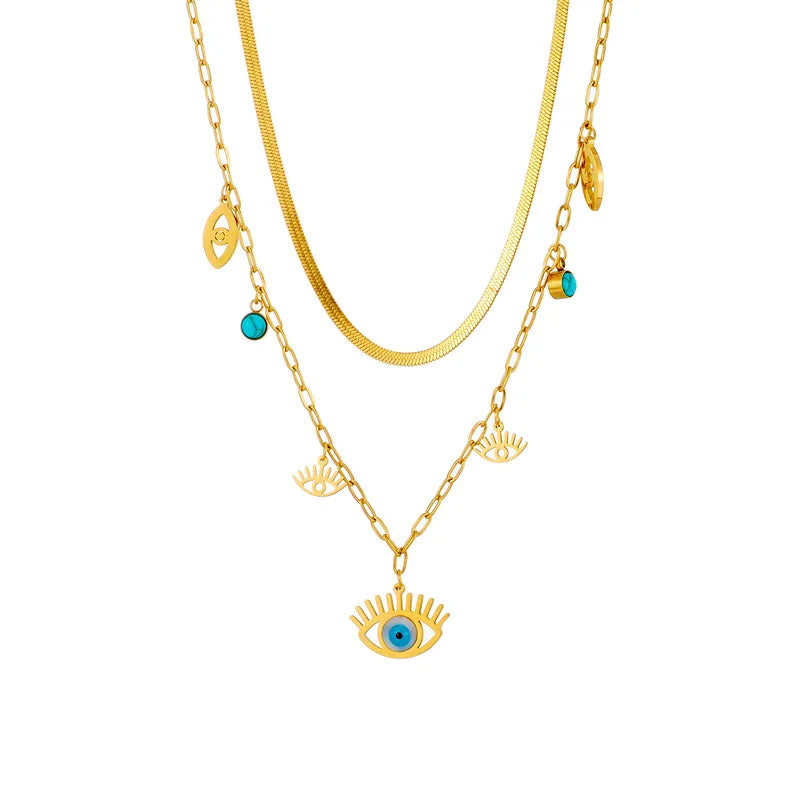 Evil Eye Layered Snake Chain Necklace - 18K Gold Plated