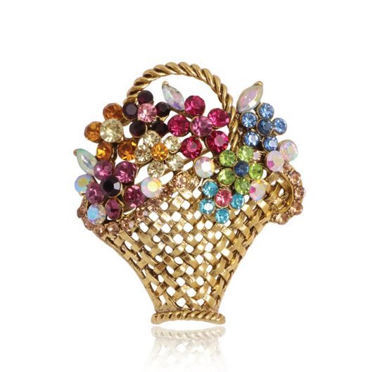 Vintage Flower Basket Brooch – Rhinestone Floral Pin