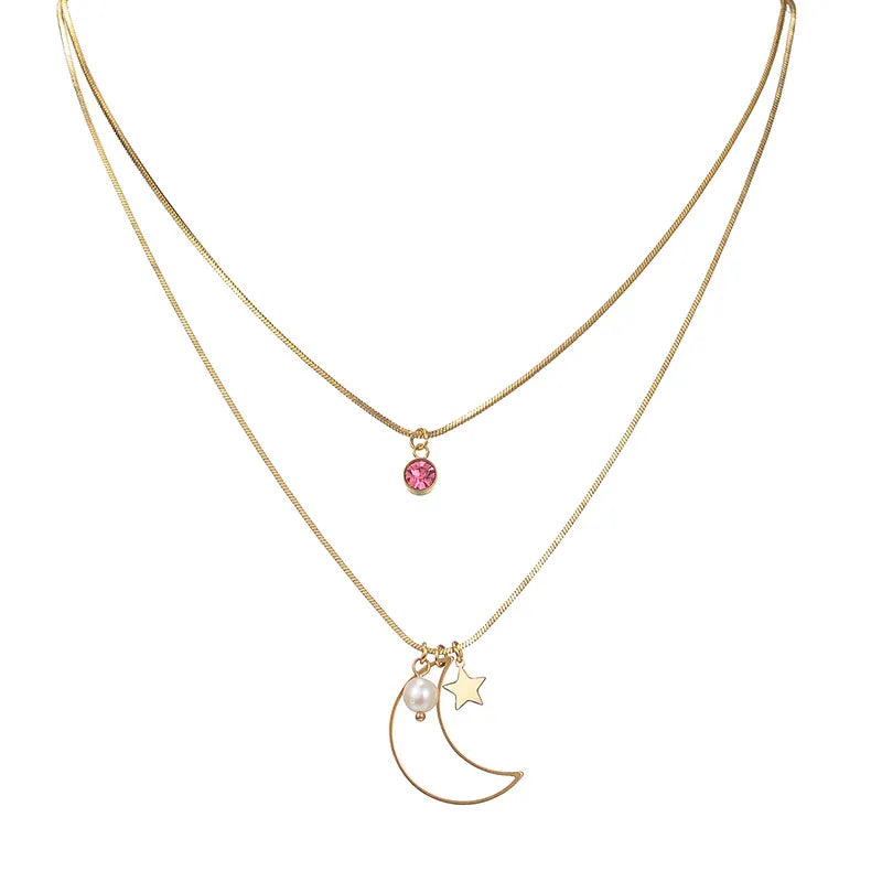 Star Moon Stainless Steel Zircon 18K Gold Plated Necklace - PEACHY ACCESSORIES