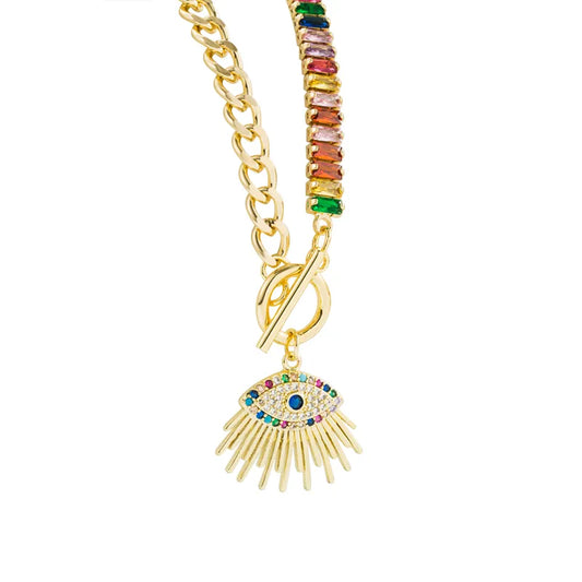 Evil Eye Gold Plated Colorful Zircon Pendant Necklace - PEACHY ACCESSORIES