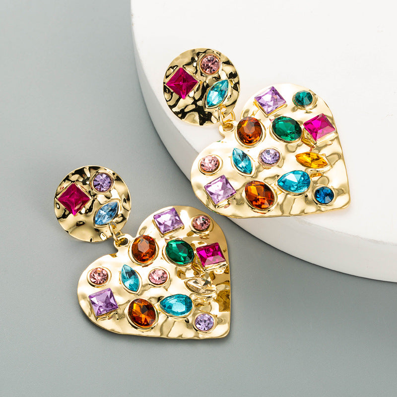 Geometric Heart Shaped Rhinestone Earrings - PEACHY ACCESSORIES