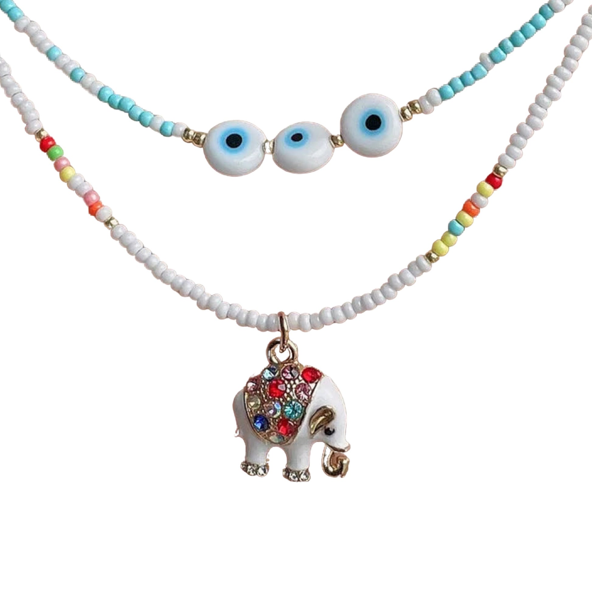 Ethnic Elephant and Evil Eye Beaded Necklace - PEACHY ACCESSORIES