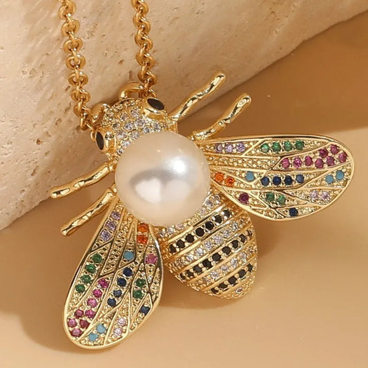 Bee Stainless Steel Zircon 14K Gold Plated Pendant Necklace - PEACHY ACCESSORIES