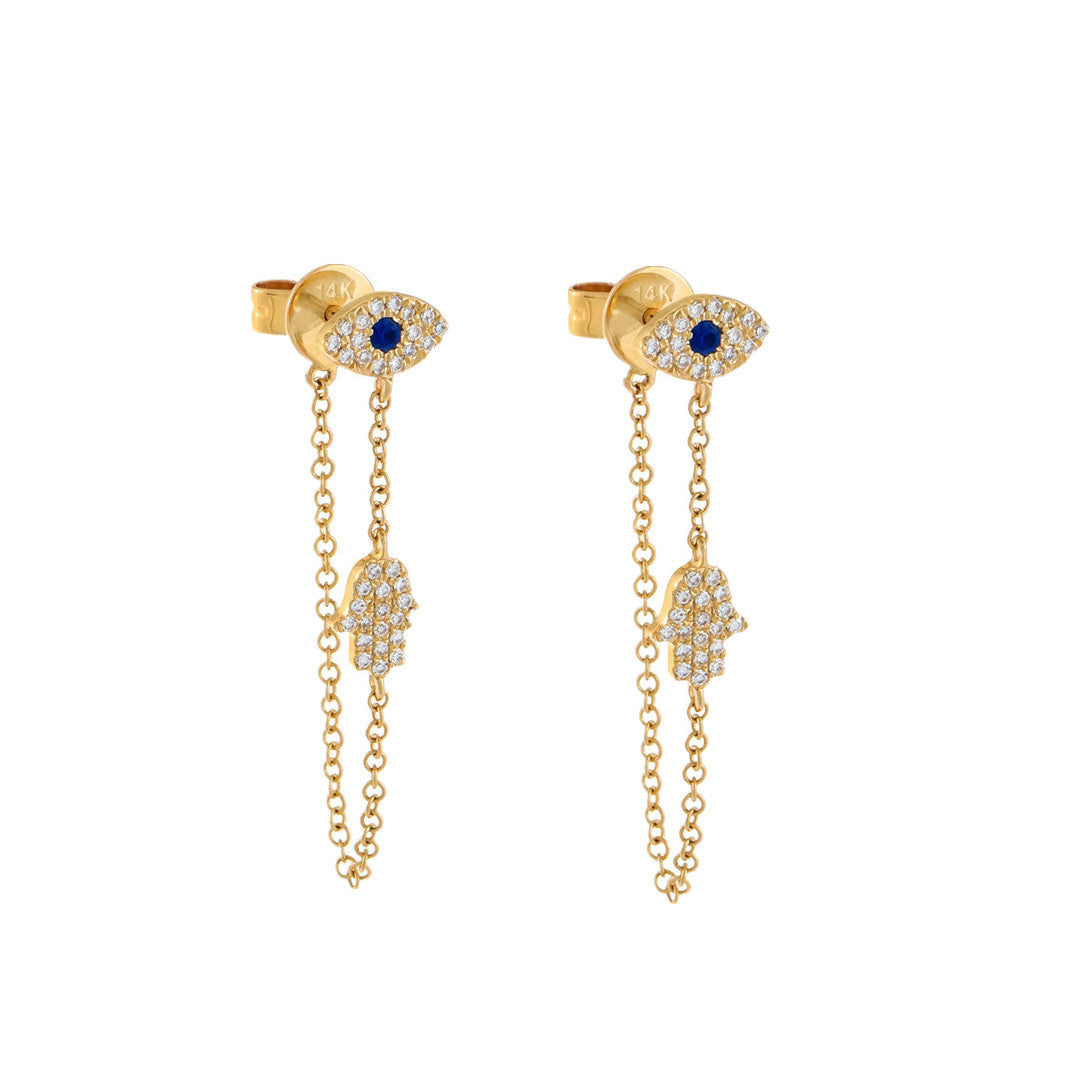 Evil Eye with Hamsa Chain Zircon Earrings - PEACHY ACCESSORIES