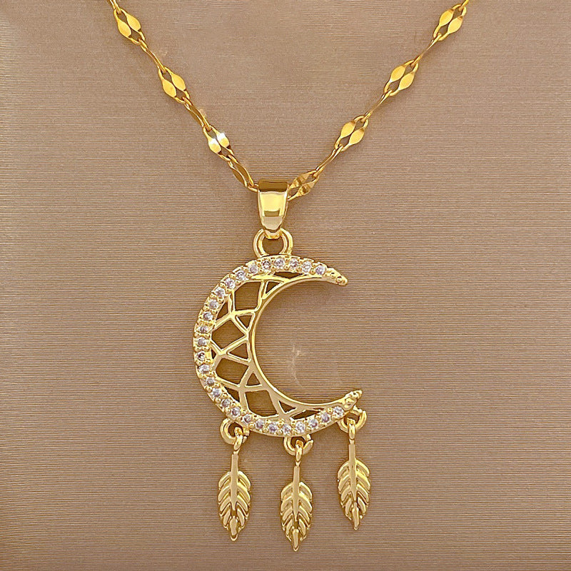 Dreamcatcher Moon Stainless Steel Zircon 18K Gold Plated Pendant Necklace - PEACHY ACCESSORIES