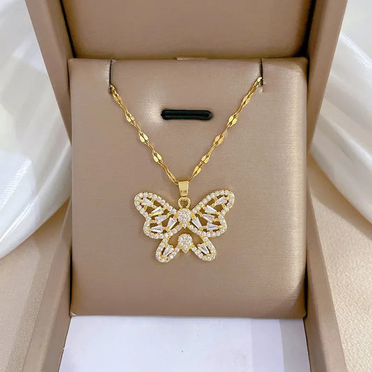 Butterfly Stainless Steel Rhinestones Necklace - PEACHY ACCESSORIES