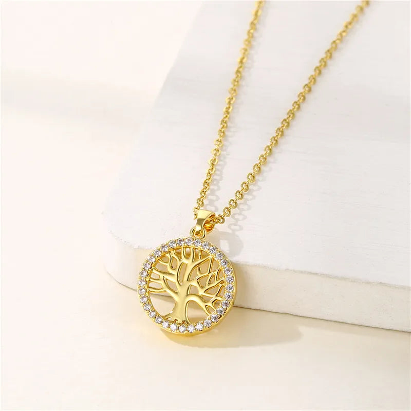 Tree of Life Stainless Steel 18K Gold Plated Zircon Pendant Necklace - PEACHY ACCESSORIES