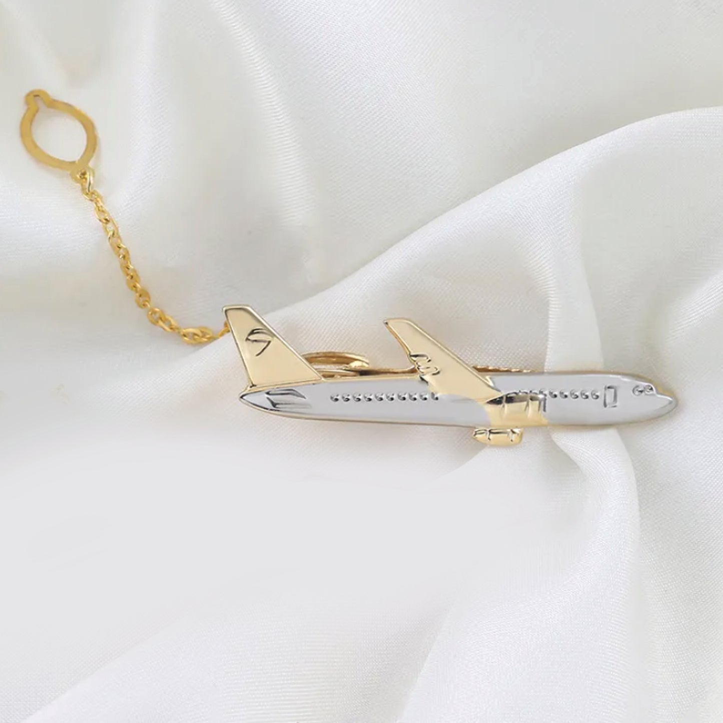 Airplane Lapel Pin with Chain - Aviation Tie Tack & Pilot Gift