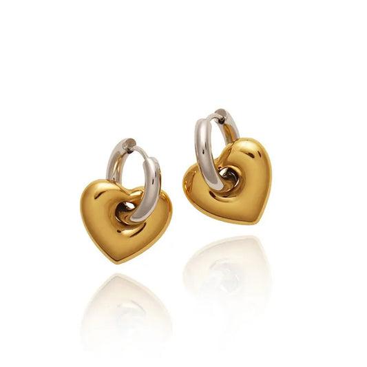 Two Tone Heart Huggie Hoop Earrings 18K Gold Plated