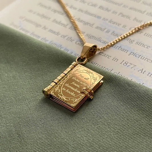 Dainty Book Lover Necklace - Engraved Openable Book Chain18K Gold Plated