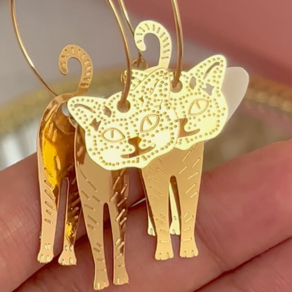 Unique Cat Drop Dangler Earrings - 18K Gold Plated