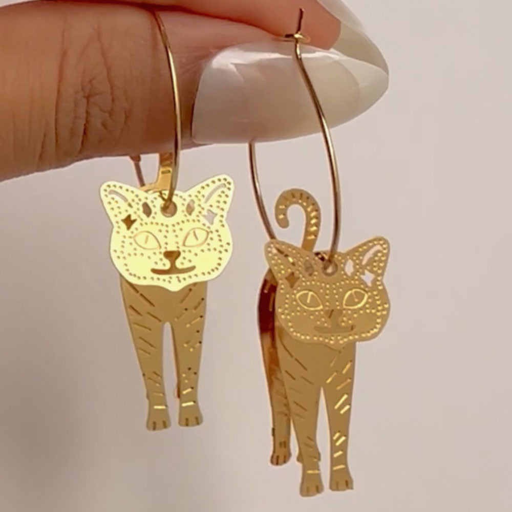 Unique Cat Drop Dangler Earrings - 18K Gold Plated