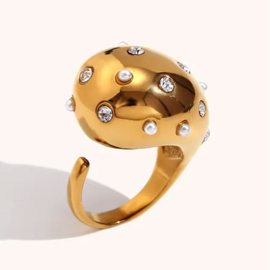 Gold Plated Large Chunky Pearl and Diamond Ring