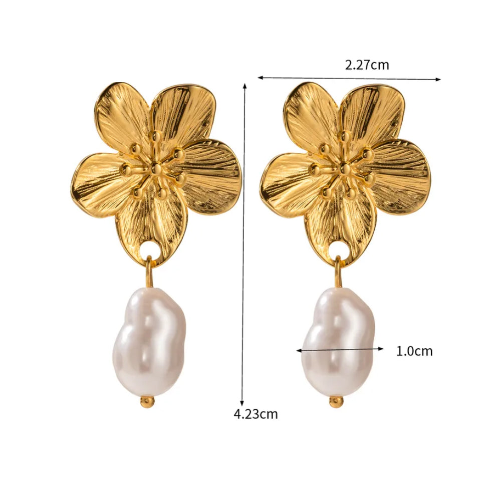 Cute Flower Pearl Dangler Earrings - 18K Gold Plated